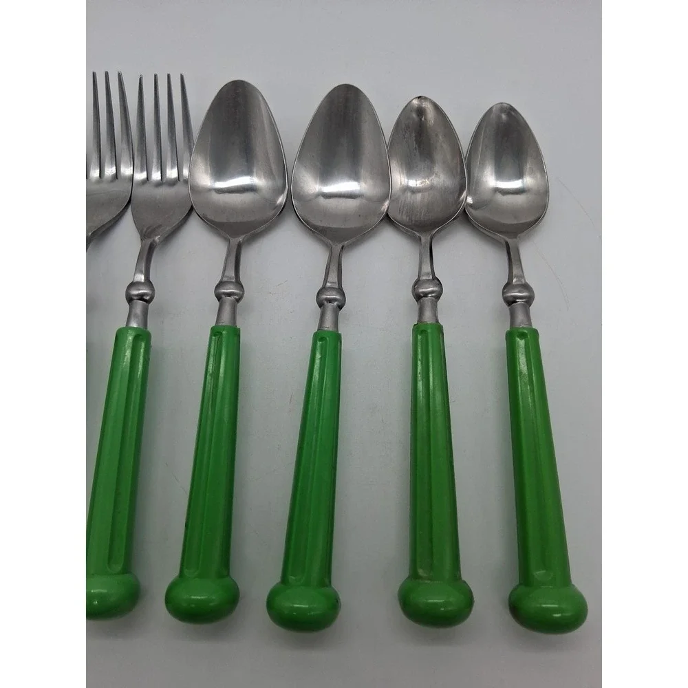 6 Piece Vintage Oxford Hall Oval Soup Spoon & Fork Lime Green Japan